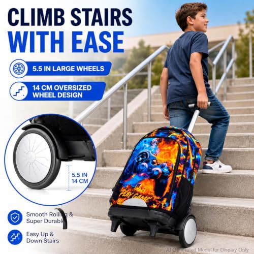 KLFVB Big Quiet-Glide Wheels Rolling Bookbag, 3-in-1 Wheeled Backpack Set with Lunch Bag | Water-Resistant Roller Bag for Boys, School, Travel, Play - Flame Game Controller - color: Rolling Backpack with Big Wheels - Flame Game