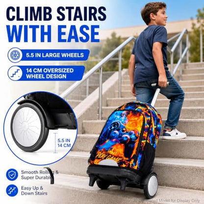 KLFVB Big Quiet-Glide Wheels Rolling Bookbag, 3-in-1 Wheeled Backpack Set with Lunch Bag | Water-Resistant Roller Bag for Boys, School, Travel, Play - Flame Game Controller - color: Rolling Backpack with Big Wheels - Flame Game
