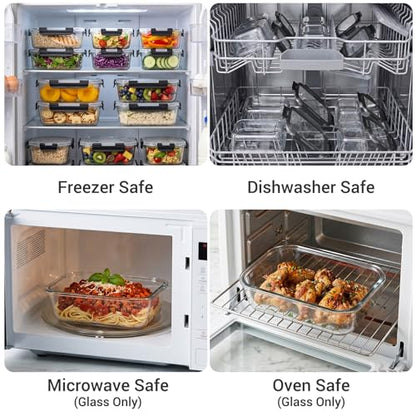 Dealusy 10 Sets (20-Piece) 36 oz & 12 oz Glass Food Storage Containers with lids, Airtight Leak-proof Glass Meal Prep Containers with Lids, Microwave Oven Freezer Dishwasher Safe, Black - color: Black