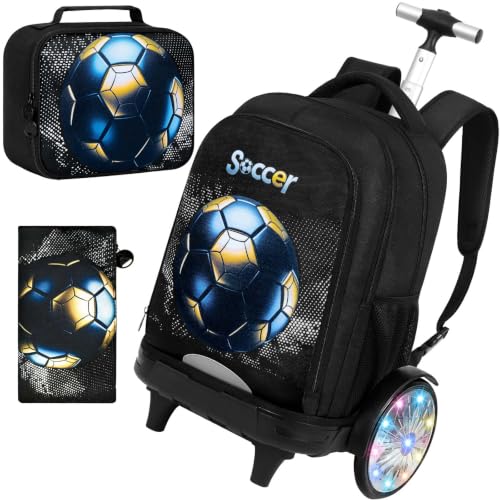 AGSDON Quiet Rolling Backpack with Lunch Box Set – Large Luminous Wheel Water‑Resistant Wheeled Bag for School, Outings, and Travel | Black Gold Soccer 3‑Piece Organizer Backpack - color: Large Luminous Wheel Rolling Black Gold Soccer