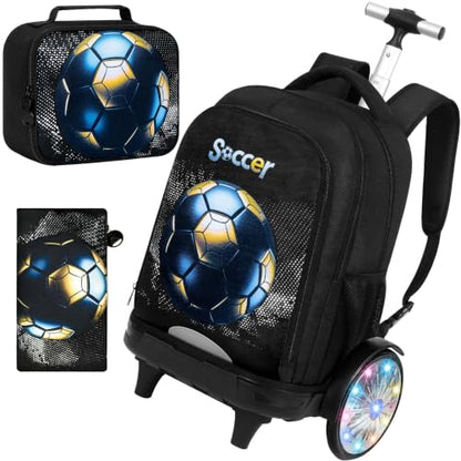 AGSDON Quiet Rolling Backpack with Lunch Box Set – Large Luminous Wheel Water‑Resistant Wheeled Bag for School, Outings, and Travel | Black Gold Soccer 3‑Piece Organizer Backpack - color: Large Luminous Wheel Rolling Black Gold Soccer