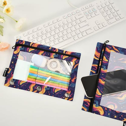 Binder Pencil Pouches Y2k Style with Fires Pen Case | Clear Window 3 Rings, Cosmetic Bags School Office Supplies Cosmetic Makeup Bag 2 Psc - color: Multi-flames