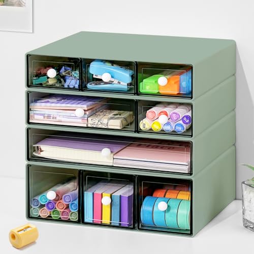 Desk Organizer with 9 Drawers, 4 Tier Plastic Stackable Storage Drawers for Desk Storage, Office Stationary Makeup Organizer Suit for Home, Office and School - color: Green