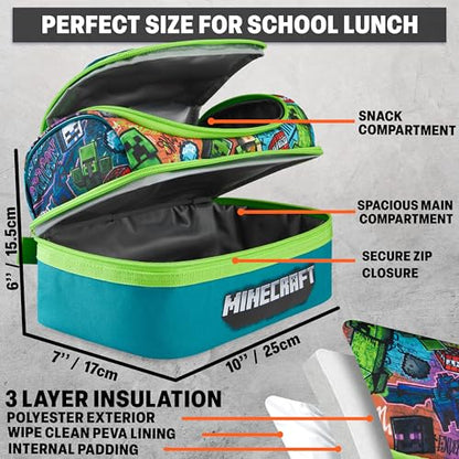 Get Trend Minecraft Kids Lunch Box 3 Pc Set with Insulated Lunch Bag, Bento Box with Two Mini Pots & 20 fl oz Water Bottle with Straw for School, Picnic, Creeper Gamer Gifts for Boys (Multi Minecraft) - color: Multi Minecraft