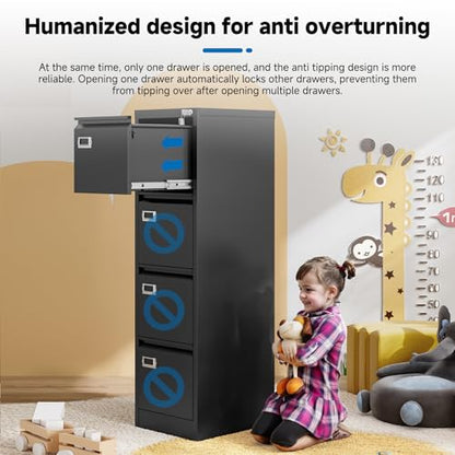 BYNSOE 4 Drawer File Cabinet with Lock Metal Vertical File Cabinet Office Home Vertical File Cabinet for A4 Legal/Letter Size Narrow File Cabinet Locked,Assembly Required (Black, 4 Drawers- Vertical) - color: Black, size: 4 Drawers