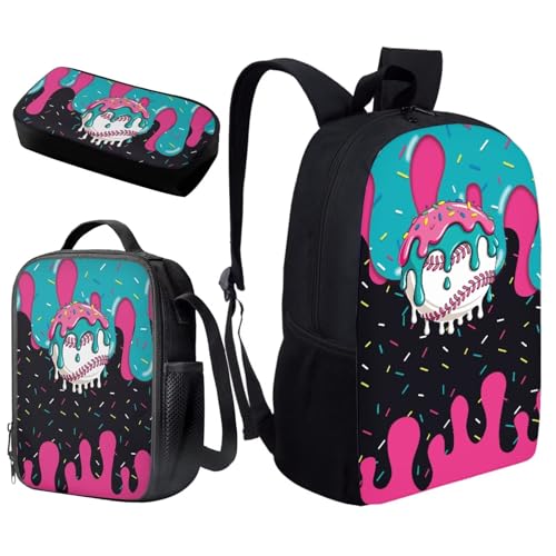 Baseball Kids Backpack Set of 3 with Lunch Bag Pen Bag Set School Backpack Set for Boys with Compartments Portable Lunch Box for School Students - color: Baseball