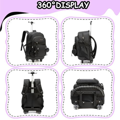 Kids Rolling Backpack for School Rolling Backpack for Girls 8-12 Roller Backpacks for Girls 10-12 with Lunch Box Pencil Case Back to School - color: Solid New Black
