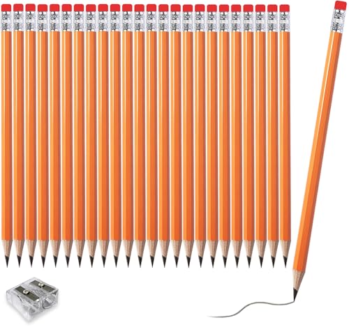 Adhere 25pcs Woodcase Pencils with Eraser Premium Pre-Sharpened Hexagon Graphite 2B pencils ideal for home, office writing including a Free Sharpener (Orange・25pcs) - color: Orange・25pcs