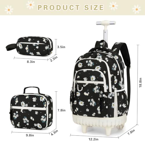 DIGOBAY Rolling Backpack for Girls, Cute Girls Backpack with Wheels, Kids Wheeled backpacks Set with Lunch Bag Pencil Case for Teen Girl, Roller School Bag with Wheels for Elementary Middle School - color: Black Daisy