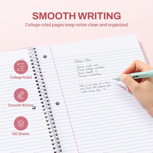 SUNEE Spiral Notebook, 1-Subject, College Ruled Paper, 8" x 10-1/2", 100 Sheets per Notebook, 3-Hole Punched Paper, Water Resistant Cover, Double-sided Pockets, Spiral Lined Notebooks for Work, Pink - color: Pink