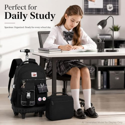 gxtvo 3PCS Rolling Backpack for Women, Girls Wheeled Bookbag with Lunch Box for Adults, Water Resistant Roller School Bag for College Teens Kids Travel - Black - color: 3pcs Set Black