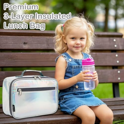 FlowFly Kids Lunch box Insulated Soft Bag Mini Cooler Back to School Thermal Meal Tote Kit for Girls, Boys, Silvery - color: Holographic