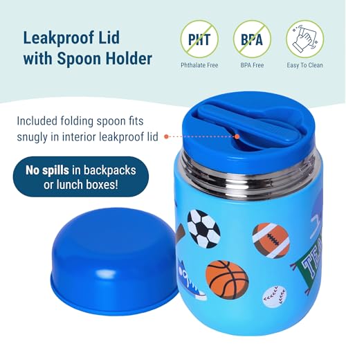 Wildkin Kids 10 oz Insulated Food Jar, Game On | Wide-mouth 10 oz jar keeps food hot up to 5 hrs and cold up to 7 hrs · includes two folding spoons · stainless steel interior - color: Game On