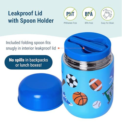 Wildkin Kids 10 oz Insulated Food Jar, Game On | Wide-mouth 10 oz jar keeps food hot up to 5 hrs and cold up to 7 hrs · includes two folding spoons · stainless steel interior - color: Game On