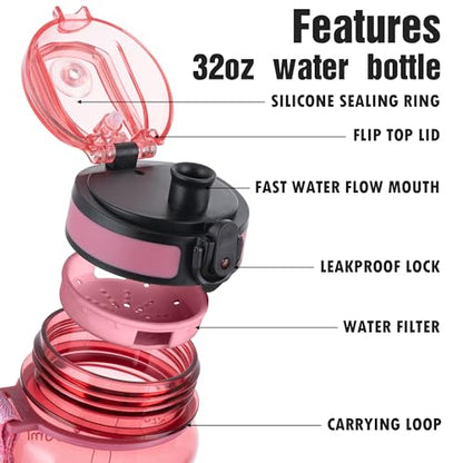 OLDLEY Water Bottle, 32oz Motivational Sports Water Bottle with Time Marker - Times to Drink - Tritan, BPA Free, Wide Mouth Leakproof,Clear Red - color: Clear Red