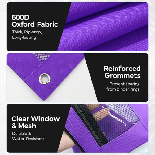 3 Ring Pencil Pouch for Binder, 2-Pocket Zipper Pencil Case with Clear Window & Mesh Pocket, Heavy Duty 600D Oxford Fabric Binder Pouch for School Office Supplies, Fits Standard 3-Ring Binders, Purple - color: Purple