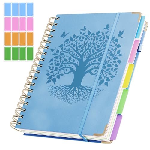 QIYVLOS Hardcover Spiral Notebook, B5 Journal with Removable Dividers Tabs, 5 Subject Notebook College Ruled, 320 Pages 8"x10" Leather Notebooks for Work School Study, Lined Journal for Women, Blue - color: B5/Blue