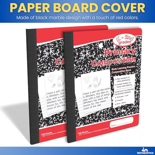 1InTheOffice Primary Composition Notebook K-2, Primary Journal, Kindergarten Notebook, 7.5" x 9.75", 100/Sheets, Red/Black Marble, 4 Pack