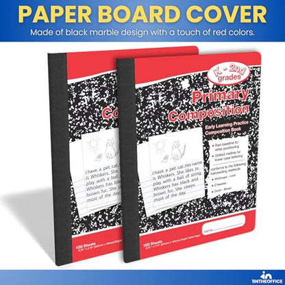 1InTheOffice Primary Composition Notebook K-2, Primary Journal, Kindergarten Notebook, 7.5" x 9.75", 100/Sheets, Red/Black Marble, 4 Pack