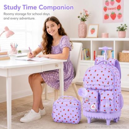 CCJPX 3Pcs Rolling Backpack for Girls, Roller Wheeled School Bookbag, Strawberryra Wheels Backpacks with Lunch Box for Kids (Purple) - color: Strawberry Purple
