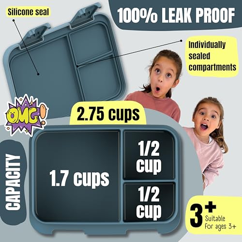 BEARFOOT Kids Lunch Box with Compartments – Compact & Lightweight | Leak-Proof, BPA-Free, Dishwasher Safe | Hand-Drawn Design for Preschool, School, Travel (Astro Bear Blue, 2.75 Cups) - color: AstroBear-Blue, size: 2.75 Cups