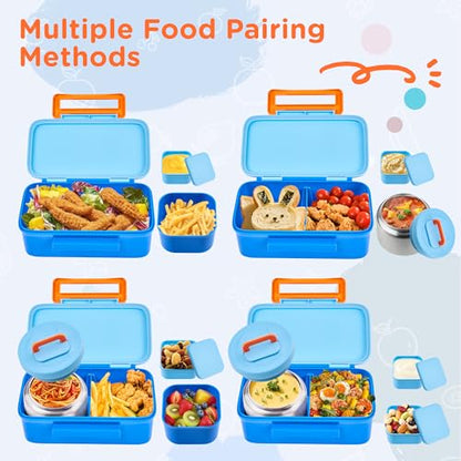 MAISON HUIS Bento Box for Kids with 8oz Soup Thermo, Insulated Lunch Bag & 17oz Water Bottle, 2-Compartment Bento Box with Built-In Ice Pack, Leak-Proof & BPA-Free (Blue) - color: Blue
