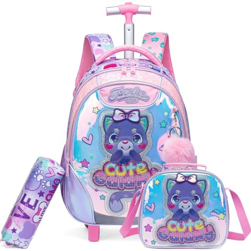 Kids Rolling Backpack for Girls TPU Material Bear Trolley Suitcases Luggage with Wheels Bookbag Wheeled 3pcs on Lunch Box Pencil Case Elementary Teenagers Pink for Girls Age 5-12 - color: Pink-0130-xiong