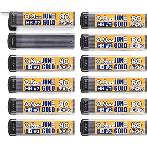 June Gold 960 Pieces, 0.9 mm HB #2 Lead Refills, 12 Dispensers, 80 Pieces Per Dispenser, Bold Thickness, Break Resistant Lead/Graphite - style: 0.9 mm