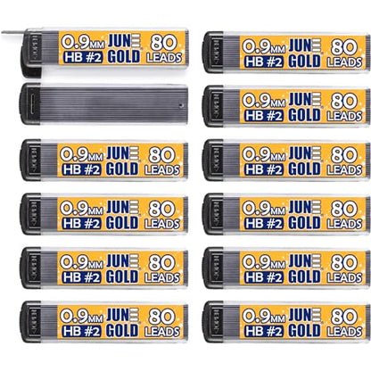 June Gold 960 Pieces, 0.9 mm HB #2 Lead Refills, 12 Dispensers, 80 Pieces Per Dispenser, Bold Thickness, Break Resistant Lead/Graphite - style: 0.9 mm