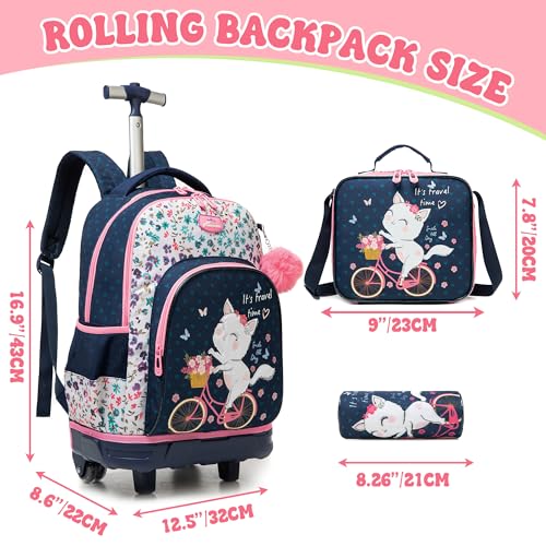 Backpack with Wheels for Girls Rolling Backpack for School with Lunch Bag Cute Carry On Backpacks for Elementary Student - color: Pink Cat