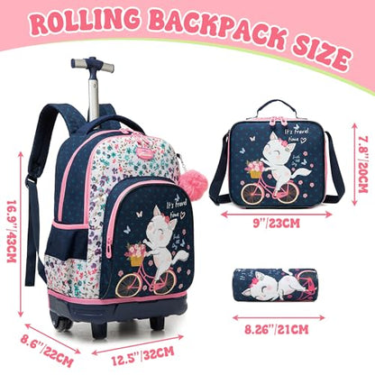 Backpack with Wheels for Girls Rolling Backpack for School with Lunch Bag Cute Carry On Backpacks for Elementary Student - color: Pink Cat