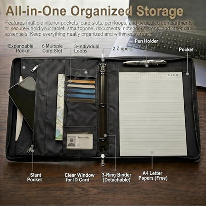 Tactical Notebook Cover, A4 Padfolio with Detachable 3-Ring Ring Binder, Multi-Pocket Organizer & Hand Strap, Zippered Hardcase Planner (Black, A4(13.8 x 12 inches)) - color: Black, size: A4