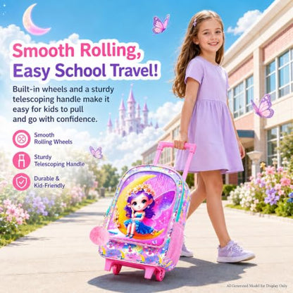 gxtvo Girls Rolling Backpack, Cute Moon Fairy Roller Wheels Kids Bookbag - Wheeled Elementary School Bag - 3PCS Moon Fairy - color: Moon Fairy With Purple Hair Rolling Backpack