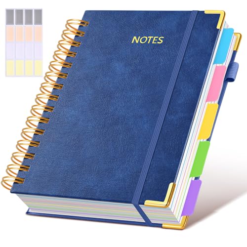 Hardcover Spiral Notebook journal with Removable Dividers Tabs, 300 Pages Leather 5 Subject Notebook College Ruled, 100GMS A5 Notebooks for Work School Note taking,Lined Journal for Women,A5 Navy - color: Navyblue, size: 6.2"x8.2"