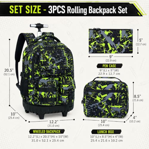 WZLVO 3PCS Roller Backpack, Water Resistance Boys Wheeled Bookbag, Rolling School Bag Set with Lunch Box & Pencil Bag for Teens & Kids - Spray Painted Green - color: 3pcs Boys Rolling Backpack - Spray Painted Green