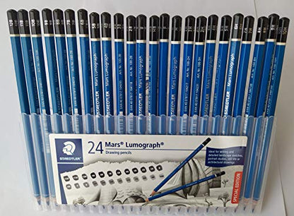 Wooden Pencil By Staedtler Mars Lumograph - Pack of 24 Degrees in Practical Plastic Storage Box With 6" and 8" Aluminum Ruler