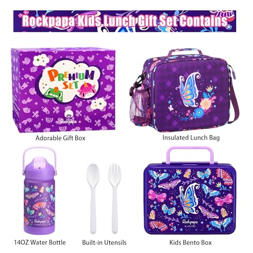 rockpapa Kids Lunch Box Set with 14oz Insulated Water Bottle & Lunch Bag, Leakproof 5.5 Cups Bento Box for School & Children, BPA-Free, Microwave Safe for Boys Girls (Purple Butterfly) - color: Purple Butterfly