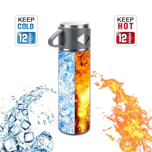 Stainless Steel Thermo 700ml/23.7oz Vacuum Insulated Bottle with Cup for Coffee Hot drink and Cold drink water flask.(Gray,Set) - color: Grey (Set), size: 23.7 Ounces