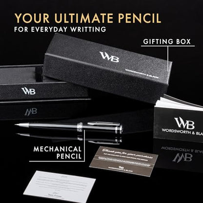 Wordsworth and Black Mechanical Pencil Graphite Lead- Stunning Luxury Metal Pencil, Black Lacquer Chrome Finish, 0.7mm Led, Best Gift Set for Men & Women, Professional Executive Office Pencils - color: Black Chrome