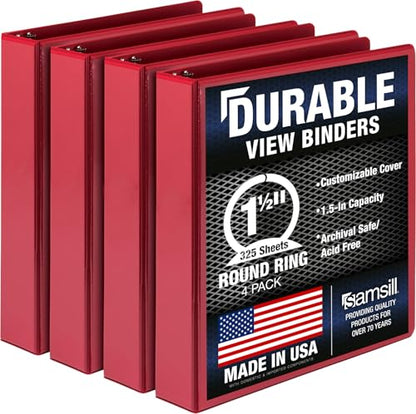 Samsill 4 Pack Durable 1.5 Inch 3 Ring Binders, Round Ring, Clear View Cover for Presentations, Red - color: Red, size: 1.5-Inch
