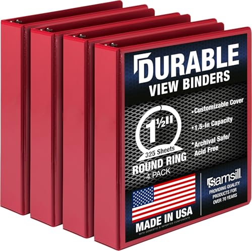 Samsill 4 Pack Durable 1.5 Inch 3 Ring Binders, Round Ring, Clear View Cover for Presentations, Red - color: Red, size: 1.5-Inch