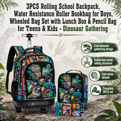 CCJPX 3PCS Rolling Backpack for Boys, 21 Inch Water Resistant Dinosaur Backpacks with Roller Wheels, Wheeled Bookbag for Teens Elementary School Travel-Brown - color: Rolling Dinosaur Black