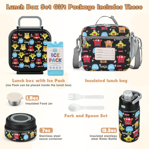 Bento Lunch Box for Kids with 7oz Soup Thermo,Insulated Stainless Steel Kids Water Bottle with Straw and Insulated Lunch Bag,Leak-Proof Lunch Food Container with Ice Pack for School(Black-Cute) - color: Black-Cute