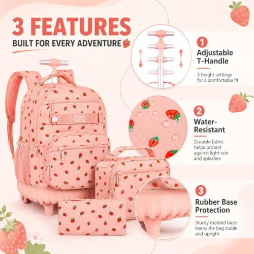 3Pcs Rolling Backpack for Women Girls with Large Wheels, 20 Inches Detachable Wheeled Backpack Set, Adults Water Resistant Roller Backpack for Travel, Work, College School (Pink) - color: Pink Strawberry
