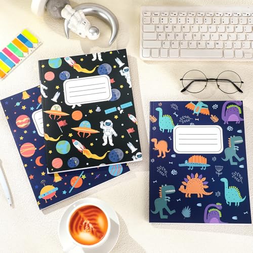 Affrolling 3 Pack Composition Notebooks Wide Ruled for Kids Boys Dinosaur Space Cute Composition Notebook 200 Page 7-1/2" x 9-3/4" Blue Journal Back to School Gift for Teen Student First Day of School