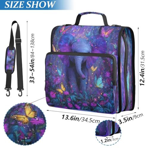 Elephant Butterfly Flowers Purple 3 Ring Zipper Binder 1.5 Inch D-Ring Binder with Zipper Multi-Pockets 500 Sheets Capacity Expanding File Folder Binders Organizer for School Office