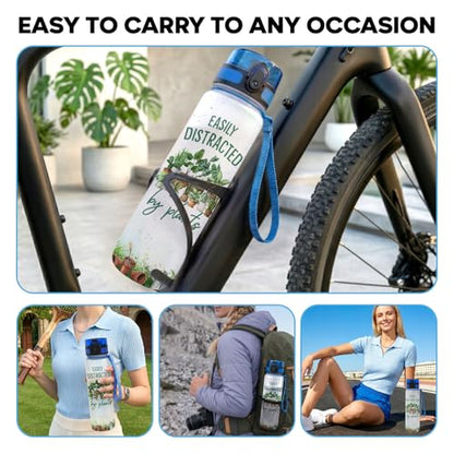 Plant Lover Water Bottle 32oz with Motivational Time Marker Easily Distracted by Plants Gift for Women Gardening Houseplant Lover Birthday Mothers Day BPA Free Reusable - color: Garden