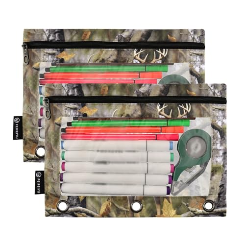 Camo Deer Hunting Pencil Pouches for 3 Ring Binder, Zipper Binder Pencil Case, 2 Pack Clear Window Case Bag for Office Organizers - color: Camo Deer Hunting