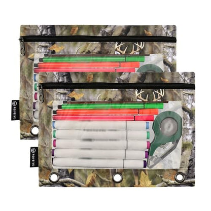 Camo Deer Hunting Pencil Pouches for 3 Ring Binder, Zipper Binder Pencil Case, 2 Pack Clear Window Case Bag for Office Organizers - color: Camo Deer Hunting
