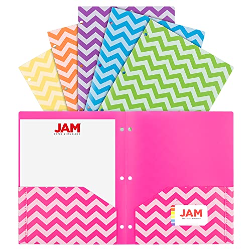 JAM PAPER Plastic Color POP Folders - 2 Pocket Durable Folders with 3 Hole Punch - Assorted Chevron Fashion Colors - 6/Pack - color: Assorted Chevron Fashion